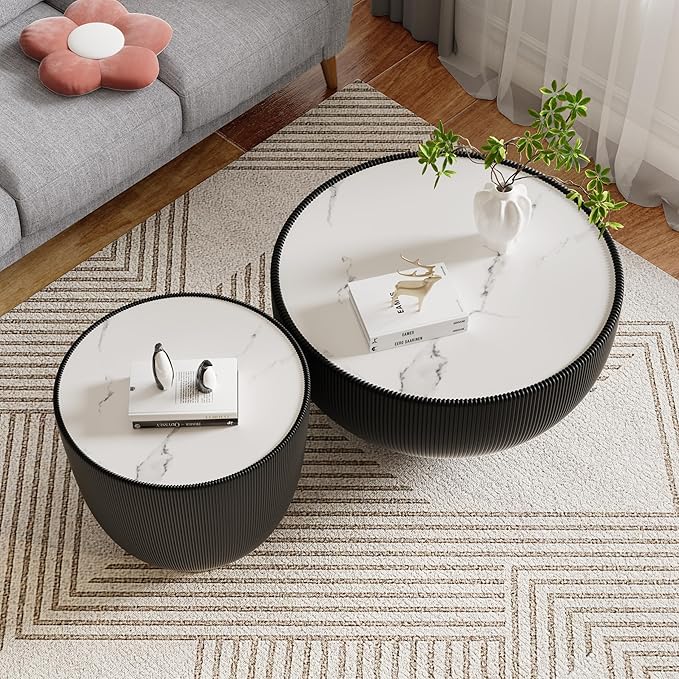 Round Coffee Table Set with Sintered Stone Tabletop, 27.56" Black Drum Center Table and 19.69" Black Coffee Table Set, 2 Pieces Living Room Table Set with Fluted PU Leather Cover& Metal Base