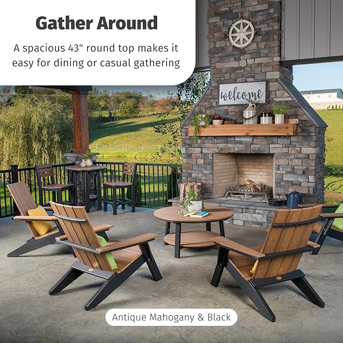 LuxCraft Deluxe Poly Round Outdoor Coffee Table, Two Tier Coffee Table, Round Conversation Tables for Outside Patio with Lower Shelf - Amish Made in USA (Brazilian Walnut & Black)