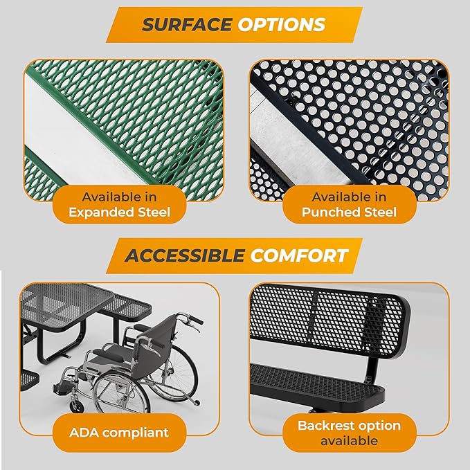 Metal Picnic Tables for Outdoors with Umbrella Hole - Coated Steel Heavy Duty Commercial Grade Furniture with Adjustable Seats (Green, 46 in, Square, Expanded Steel)