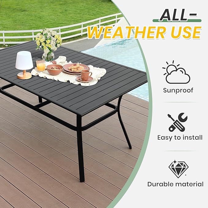 LVUYOYO Outdoor Patio Dining Table, Metal Rectangular Table with Umbrella Hole, All-Weather Furniture for Backyard, Garden,Balcony,Porch (Black)