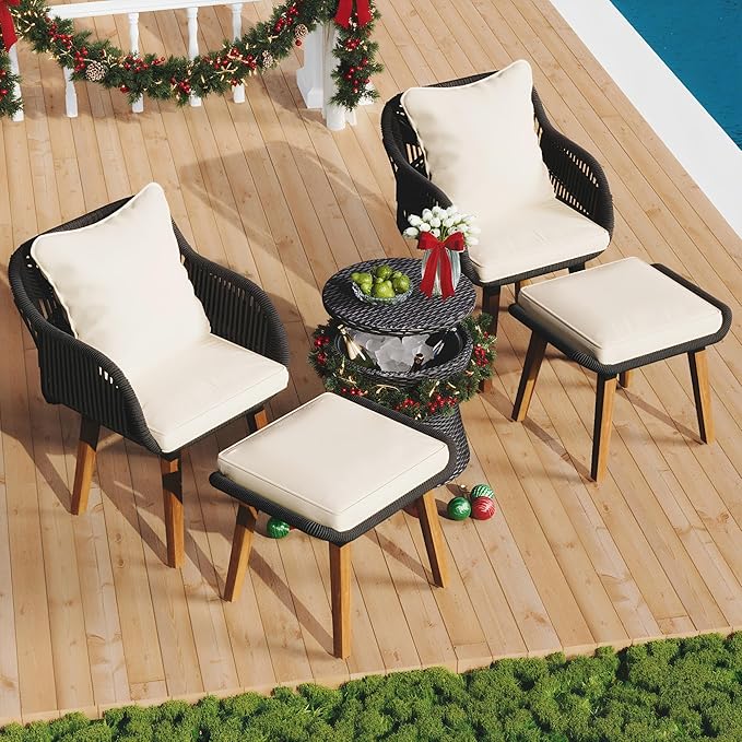 5-Piece Patio Conversation Sofa Set, Rope-Woven Furniture Set with Rattan Cool Coffee Table, Outdoor Furniture Setwith 2 Footstools for Garden, Backyard, Balcony, Black & Beige