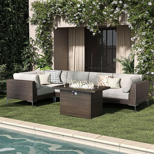 LayinSun 6-Piece Outdoor Modular Wicker Sectional Sofa with Fire Pit Table, Patio Furniture Conversation Set with Deep Seating and Thick Cushions