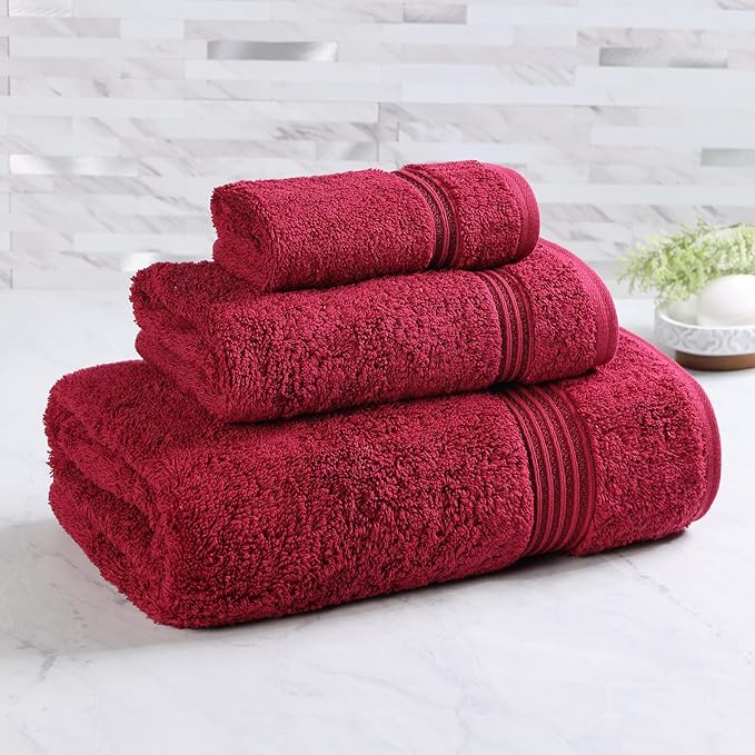 Superior Egyptian Cotton 3-Piece Towel Set, Basic Towels For Bathroom, Home Decor, Guest Bath, Shower, Apartment, Included 1 Face, 1 Hand, 1 Bath Towel, Washcloth, Quick Dry, Burgundy