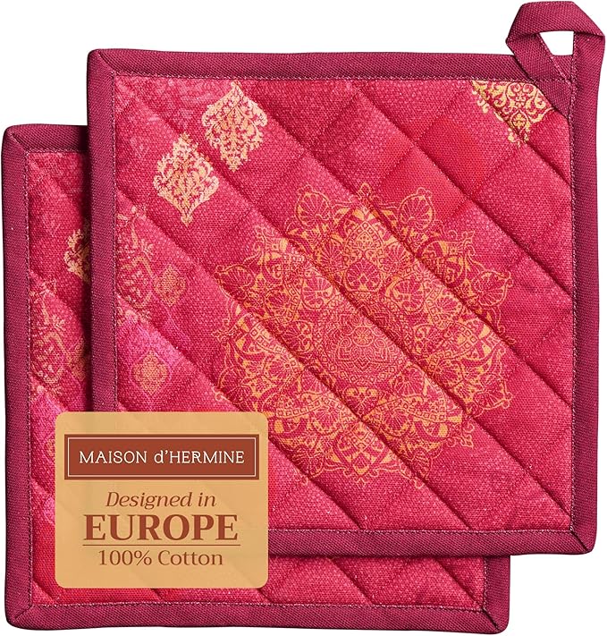 Maison d' Hermine Pot Holders Set 100% Cotton Heat Resistant Potholders 8" x 8" Hot Pads with Loop for Thanksgiving Christmas Decorations BBQ Cooking Baking Handling Hot Pans (Pack of 2, Versailles)