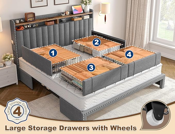 EnHomee King Size Bed Frame, Upholstered King Bed Frame with 4 Storage Drawers & 2-Tier Headboard Shelves, 1200LBS Heavy Duty, No Box Spring Needed, Easy Assembly, Grey