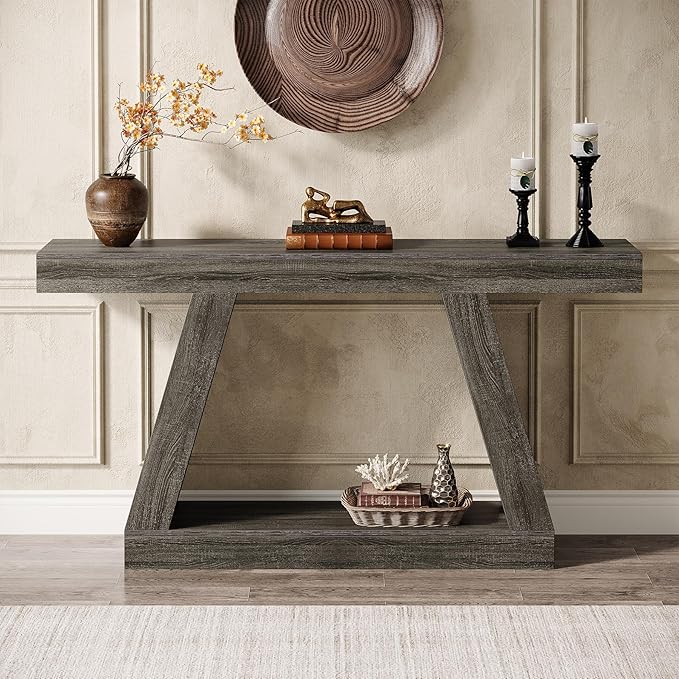 Tribesigns Farmhouse Console Table, 55-Inch Rustic Sofa Table with Storage, Industrial Wooden Entryway Table for Hallway, Living Room, Gray