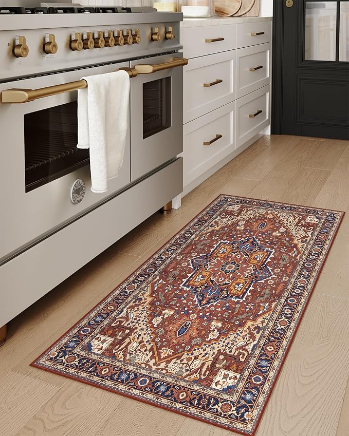 Moynesa Ultra-Thin Washable Kitchen Rugs, 2x4 Small Entryway Rug Door Mat Non Slip Stain Resistant, Oriental Throw Rug for Front Indoor Entrance Bathroom Laundry Room, Brown/Multi