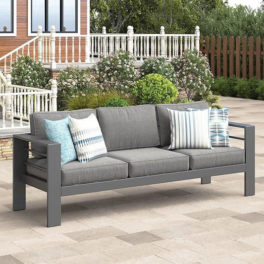 Wisteria Lane Patio Furniture Metal Sofa, Metal Outdoor Chairs with Upgraded Cushions, All-Weather Outdoor 3 Seats Sofa Couch for Balcony, Garden, Deck, Backyard, Grey