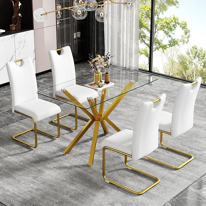 47.2" Glass Dining Table, Modern Kitchen Table for 4 People, Contemporary Rectangular Dining Room Dinner Tables with Clear Glass Top & Gold Metal X Legs for Kitchen Apartment