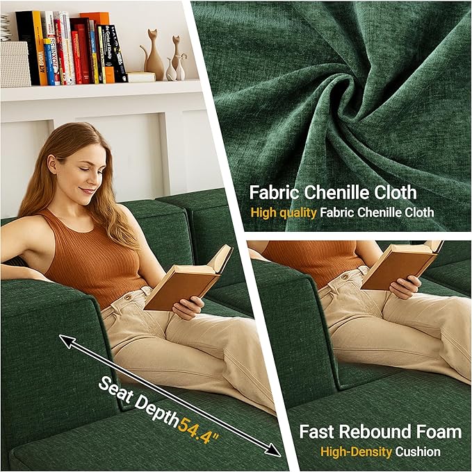 97" Sectional Compressed Sofa Modular Couches,High-Density Foam No Assembly Required,3-Piece(1xCorner 3xArmless) for Living Room, Chenille Green