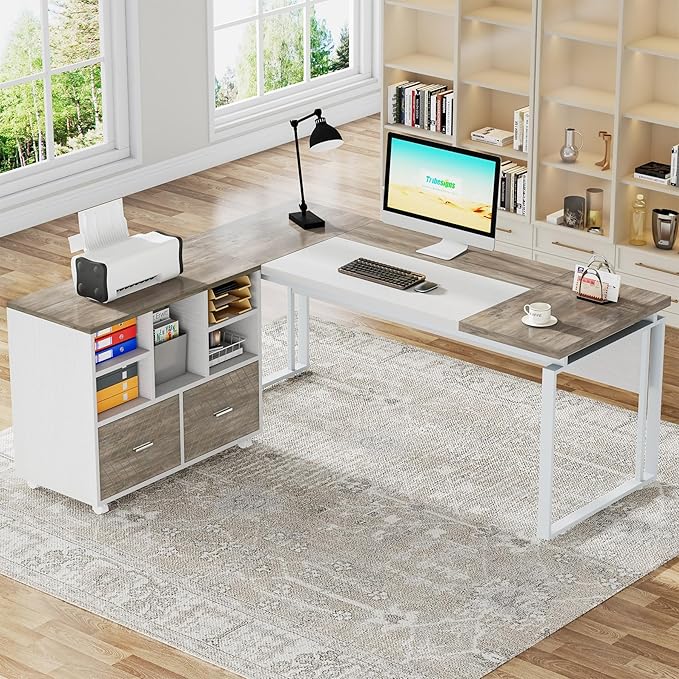 Tribesigns L-Shaped Executive Desk with Reversible File Cabinet, 63" Office Desk with Storage Drawers, L-Shaped Computer Desk with Drawer Cabinet for Hanging Letter Size Files,Gray & White