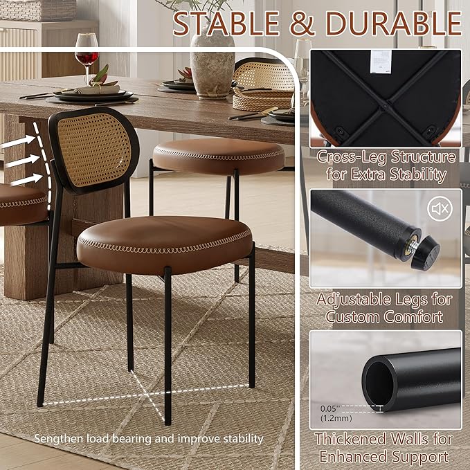 Rattan Dining Chairs Set of 2, Camel Leather Upholstered Dining Chairs with Rattan Cane Back, Mid Century Modern Dining Room Chairs with Black Metal Legs & D-Shaped Thicken Cushion, Camel