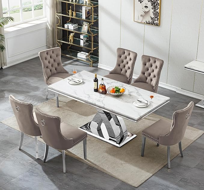Goujxcy 7-Piece Dining Table Set Modern Faux Marble Dining Table Set for 6, Luxury 68" Long Faux Marble Kitchen Table with 6 Velvet Upholstered Chairs & Mirrored Stainless Steel Base