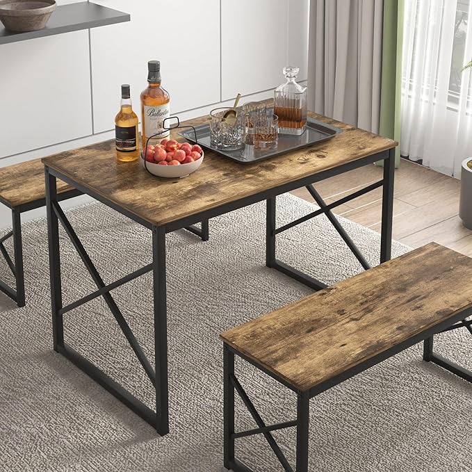 VECELO Kitchen Dining Table Benches Set for 4, 43.3" Wooden Dinette with 2 Benches, Heavy-Duty Dining Room Table for Small Space, Breakfast Nook, Brown