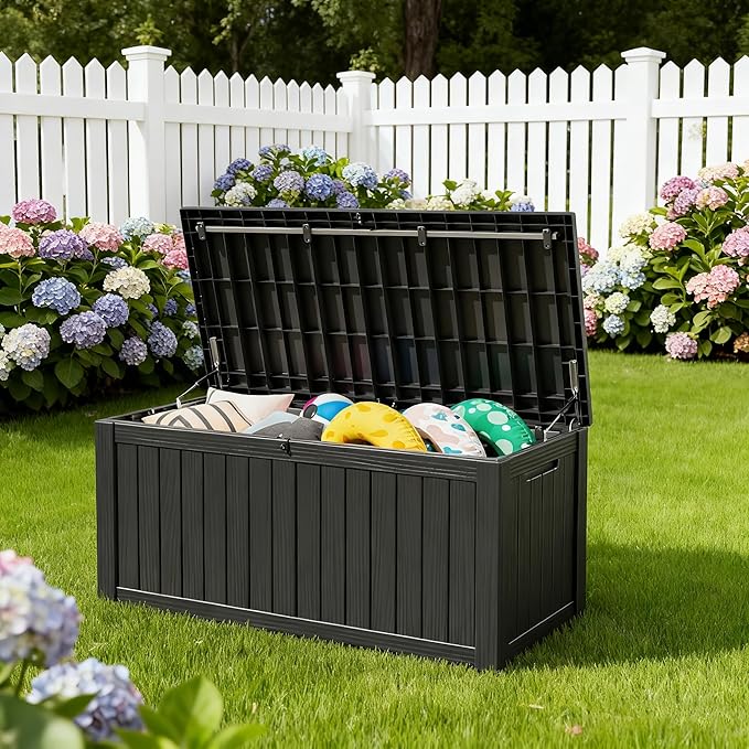 Outdoor Storage Box, Resin Deck Boxes Indoor and outdoor, Waterproof Storage Box Lockable Lid (Black, 150 Gallon)