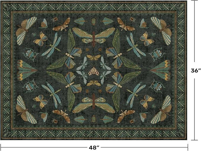 3x4 Unique Entryway Rug - Throw Rug for Large Kitchen, Entry Way, Mudroom, Dark Green and Black Insect Print, Washable Low Pile Floor Carpet