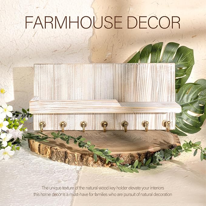 Rebee Vision Farmhouse Key Holder Wall Mount with Mail Organizer - Rustic Key and Mail Holder for Wall with Shelf and 7 Key Hooks - Wooden Apartment Essentials for Room Decor Aesthetic (Natural Wood)