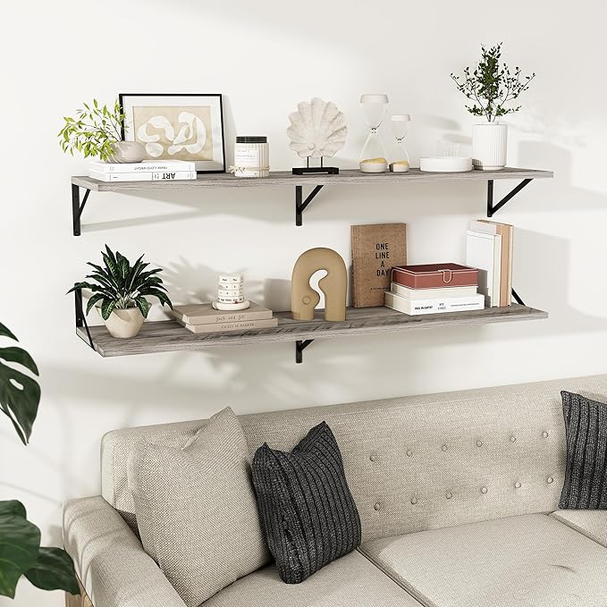 Dreamland Floating Shelves for Wall, 12 Inch Deep Floating Shelves Set of 2, 55W x 12D Large Wall Shelf with Sturdy Metal Brackets for Living Room, Bathroom, Bedroom and Kitchen, Grey
