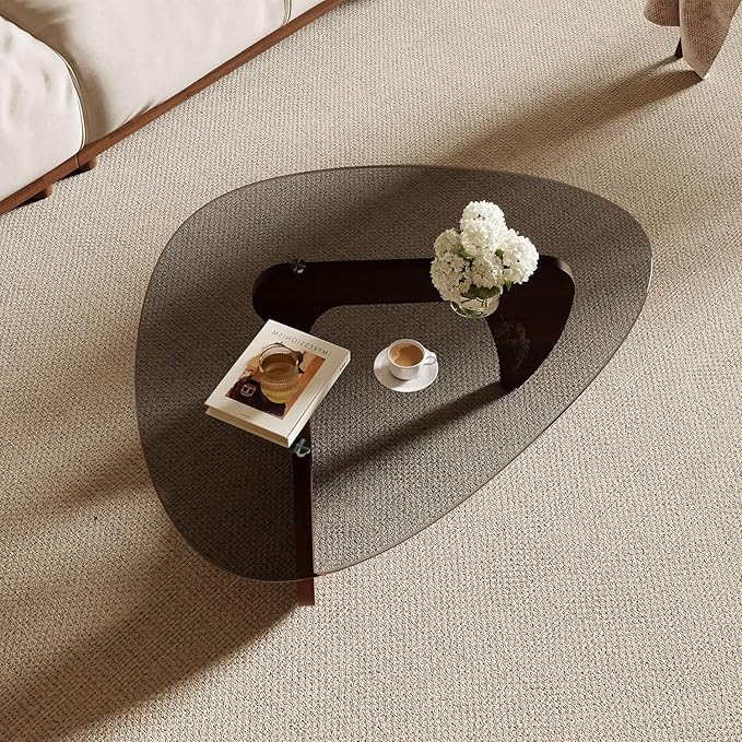 Modern Coffee Table for Living Room and Small Spaces, 43.3" x 29.5" x 15.8" Triangle Tempered Glass Table Top and Eco-Friendly MDF Base, Walnut