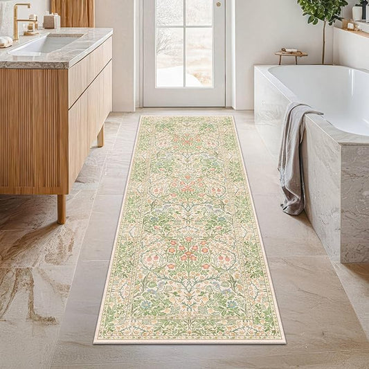 Non Slip Beige Green Bathroom Runner Rug - Long Runner Rugs 24 x 72 Washable Kitchen Floor Mat, Laundry Room Rug, Hallway Runner - Vintage Floral Design Décor (2x6 Beige Green)