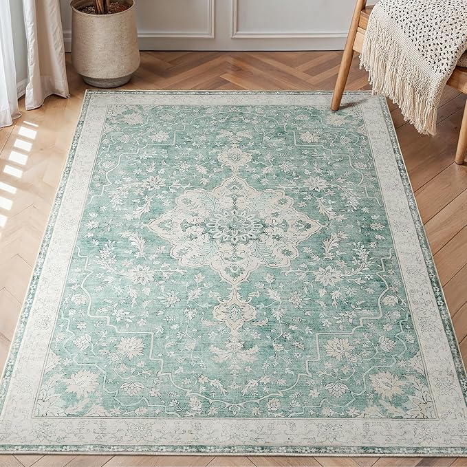 Amada 5x7 Area Rugs, Non-Slip Washable Rug with Low Profile, Durable Bound Edge, Soft Vintage Rug for Living Room, Bedroom, Dinning Room, Home Office