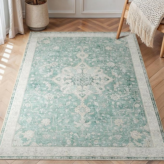 Amada 5x7 Area Rugs, Non-Slip Washable Rug with Low Profile, Durable Bound Edge, Soft Vintage Rug for Living Room, Bedroom, Dinning Room, Home Office