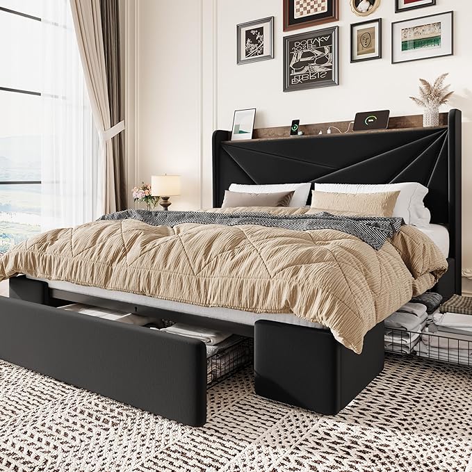 SHA CERLIN Full Size Bed Frame with 3 Drawers, USB & Type-C Charging Ports, Velvet Upholstered Platform Bed with Modern Geometric Wingback Storage Headboard, No Box Spring Needed, Easy Assembly, Black