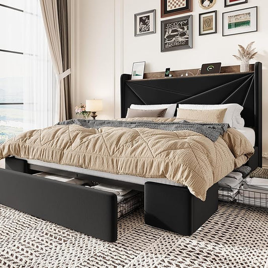 SHA CERLIN Full Size Bed Frame with 3 Drawers, USB & Type-C Charging Ports, Velvet Upholstered Platform Bed with Modern Geometric Wingback Storage Headboard, No Box Spring Needed, Easy Assembly, Black