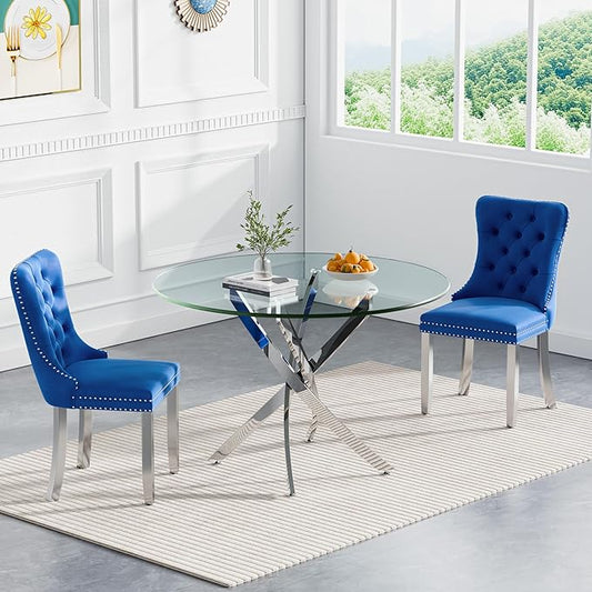 Goujxcy 3 Piece Round Glass Dining Table Set for 2, 36" Round Dining Table & Chair Set Modern Circle Glass Kitchen Table and 2 Velvet Upholstered Chairs for Kitchen Dining (Silver Table & Blue Chair)