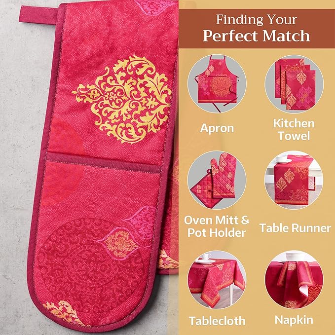 Maison d' Hermine Double Oven Mitt (7" x 35") 100% Cotton Heat Resistant BBQ Cooking Gloves with Loop for Thanksgiving Christmas Decorations Baking Cooking Barbeque Handling Hot Pan (Versailles)