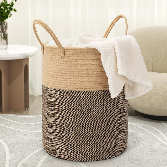 58L Cotton Rope Laundry Basket (20"x15"),Woven Basket for Storage Dirty Clothes Basket for Laundry, Living Room, Nursery, Bedroom Rope Storage Basket for Blankets（Brown/Stitches）