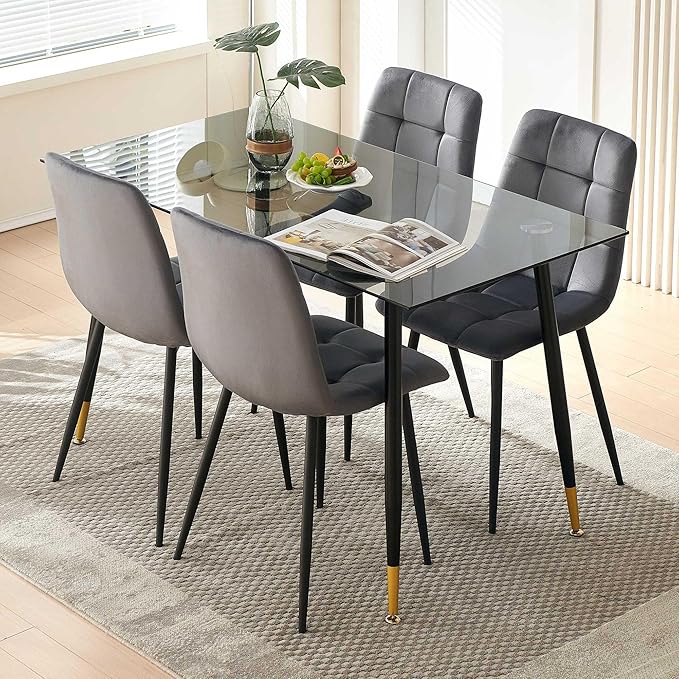 Velvet Dining Chairs Set of 4 - Grey Dining Room Chairs with Metal Legs Ideal for Kitchen, Dining Room - Kitchen Chairs Set for 4