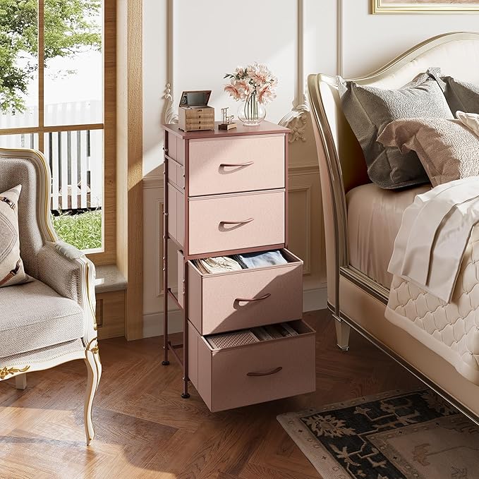 WLIVE 4 Drawers Dresser for Bedroom, Pink Rose Gold Fabric Clothes Storage Organizer Unit, Dresser for Hallway, Entryway, Closets, Sturdy Steel Frame, Wood Top