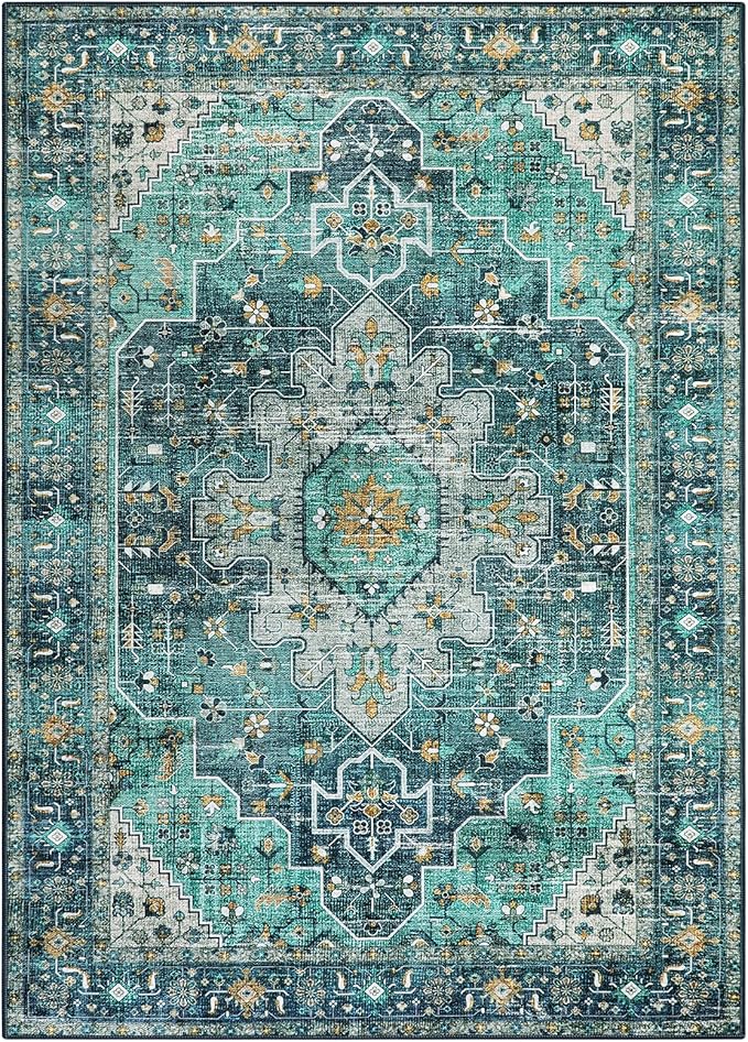 Moynesa Ultra-Thin Vintage Area Rug - 8x10 Teal Bedroom Rug for Living Room Non-Shedding Stain Resistant Playroom Mat, Indoor Printed Boho Floor Carpet for Dining Table Office Decor