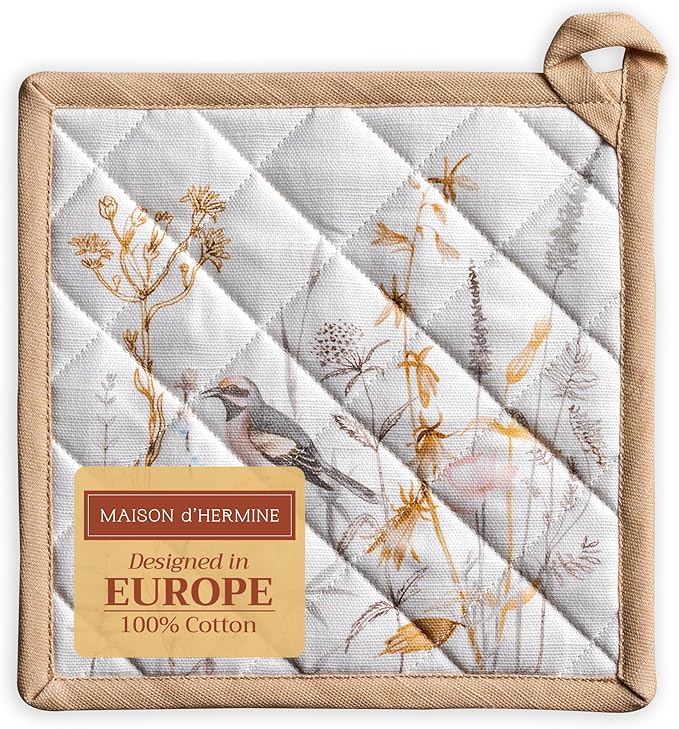 Maison d' Hermine Pot Holders 100% Cotton Heat Resistant Potholders 8" x 8" Hot Pads with Loop BBQ, Cooking, Grilling, Kitchen, Handling Hot Pans Spring/Summer (Pack of 1, Meadow Florals - Beige)