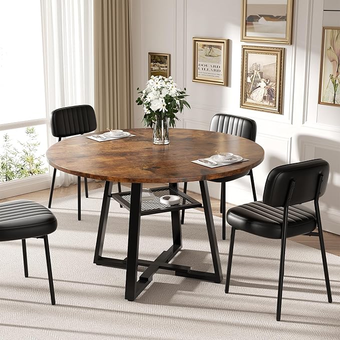 Round Dining Table for 2-4 People,42 Inch Dining Room Table,Modern Circle Kitchen Table with Storage Shelf and Metal Legs for Dining Room,Kitchen,Vintage(Table Only)