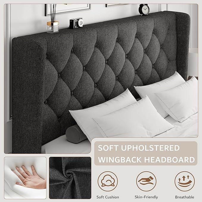 iPormis Queen Size Platform Bed Frame with Button Tufted Headboard, Upholstered Bed Frame with Solid Wooden Slats, 8" Underbed Space, No Box Spring Needed, Noise Free, Easy Assembly, Dark Gray