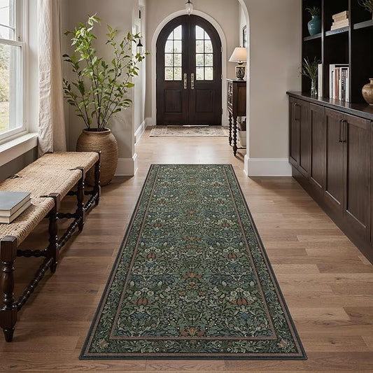 GENIMO Floral Washable Runner Rug 2’6”x8’, Non-Slip Long Hallway Carpet for Entryway, Kitchen, Indoor Floor Use, Vintage Boho Soft Thin Rug Décor, Dark Green