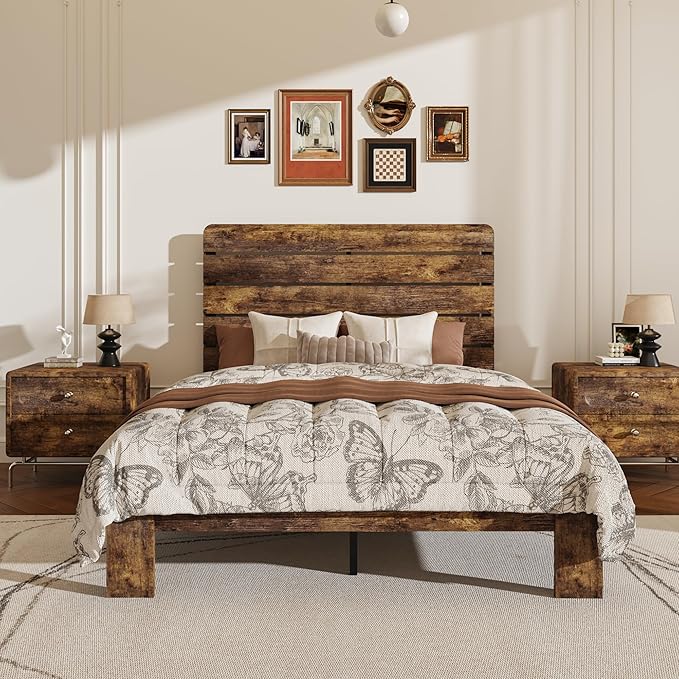 Full Size Wooden Bed Frame with Headboard, Rustic Farmhouse Platform Bedframe with Wood Slat Support, Sturdy and No Noise, Easy Assembly (Brown, Full)