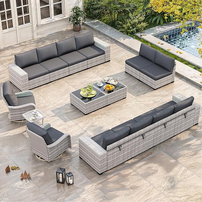 15 Piece Outdoor Wicker Rattan Sectional Sofa Set with Swivel Chairs, 12-Seats with 4" Thickened Cushions & Coffee Table, All-Weather PE Rattan for Garden, Backyard, Porch, Black