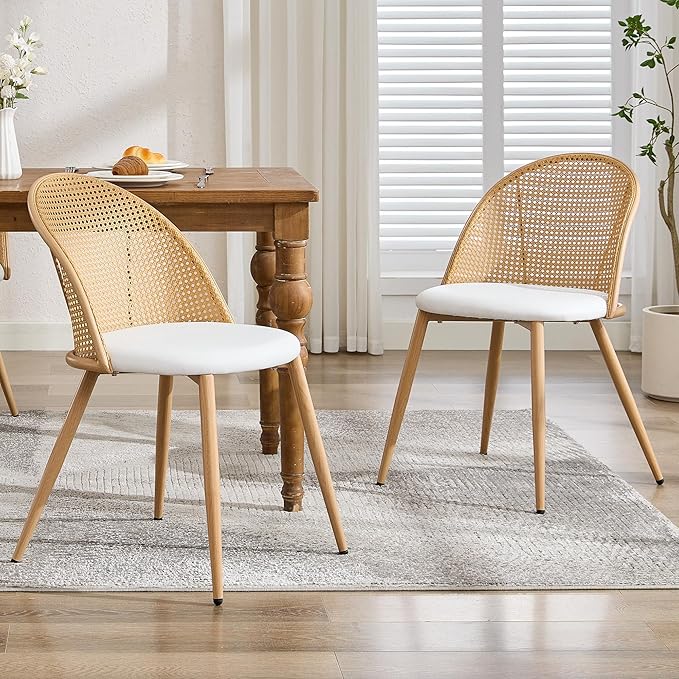 TYBOATLE Rattan Dinner Chairs Set of 2 with Faux Leather Cushion, Modern Dining Room Chairs w/Adjustable Foot Pads, Kitchen Boho Mid Century Upholstered, White