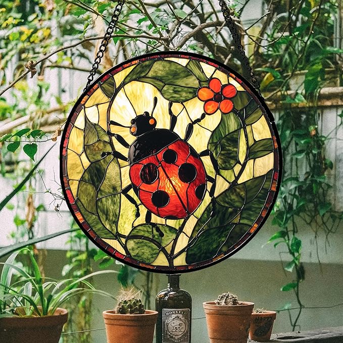 Stained Glass Window Hanging - Red Ladybug Green Plant Flower Sun Catcher for Door Home Decor Insect Suncatcher Christmas Mother's Day Birthday Gifts for Women Men Mom Nana 15 in