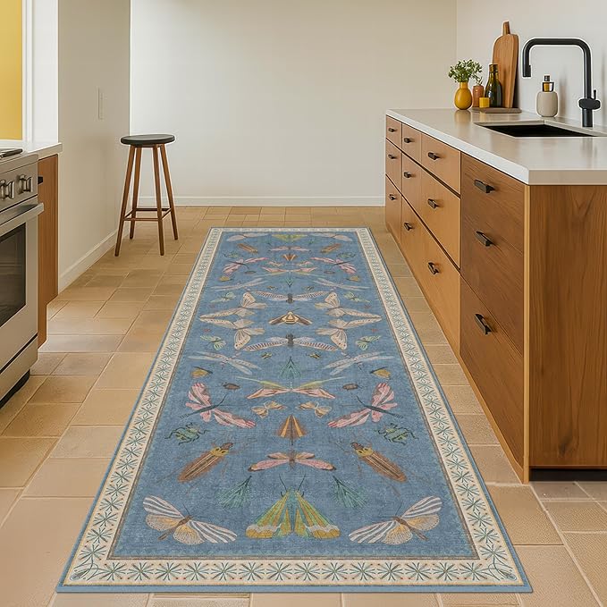 Blue Insect 2'6'' Wide 8' Long Hallway Runner Rug - Washable Kitchen Sink Rug, Non Slip Runner Rug for Entryway, Colorful Vintage Print Home Décor
