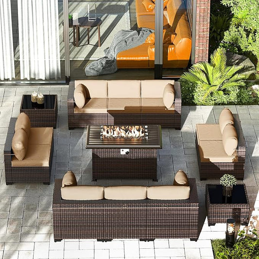Gotland 13 Pieces Patio Furniture Set with Fire Pit Table, All Weather PE Rattan Outdoor Furniture with 29.5'' High Backrest 4’’ Thick Cushions Coffee Table, Patio Conversation Set for Deck, Khaki