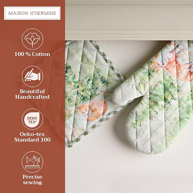 Maison d' Hermine 100% Cotton Oven Mitt & Pot Holder Set (7.5"x13" & 8"x8") Heat Resistant BBQ Cooking Gloves with Loop for Thanksgiving Christmas Decorations Handling Hot Pans (Winter Mornings)