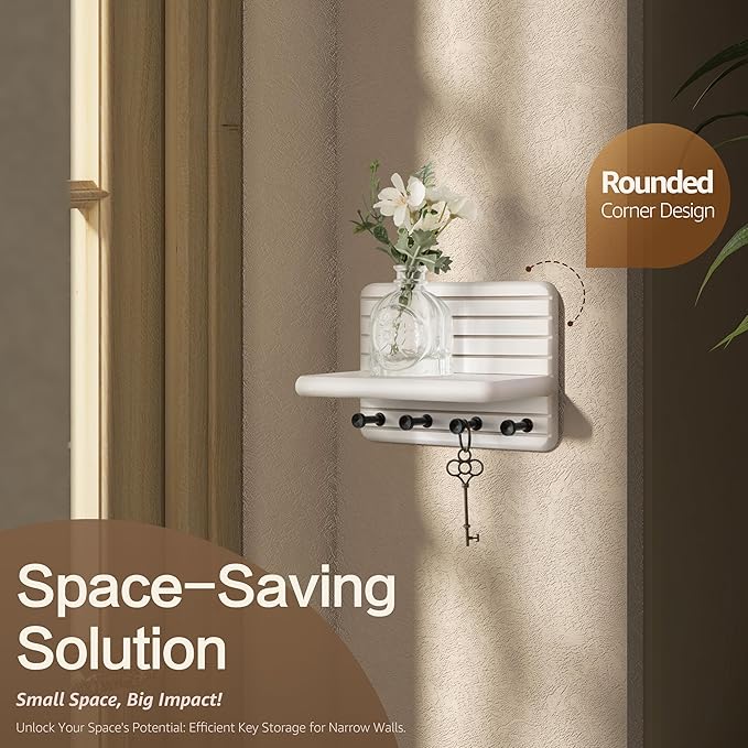 Rebee Vision Small Key Holder Wall Mount for Home Storage – Stylish 7-Inch Key Holder for Wall with 4 Hooks & Mini Floating Shelf - Beautify Your Entryway, Living Room, Bedroom Decor (White)