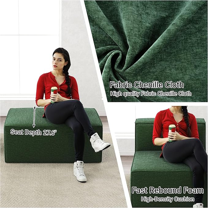 38“ Modular Sectional Sofa Convertible Cube Compressed Couch Seat Set, Combine L-Shaped U-Shaped, Free Assembly, Space-Saving for Living Room, Thick Foam Fabric Chenille Green (Only Ottoman)