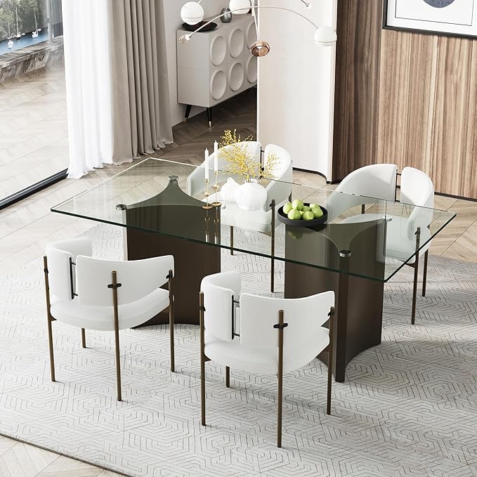 Asday 78” Modern Glass Dining Table, Rectangular Tempered Glass Kitchen Table with Dual Triangular Stainless Steel Pedestal for Living Room, Kitchen, Dining Room, Brushed Bronze