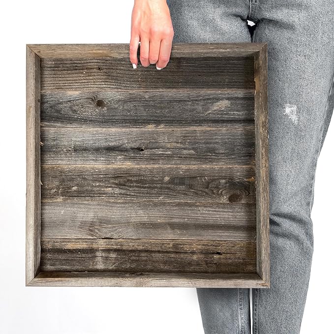 Wooden Ottoman Tray with Felt Pad – Decorative Couch Serving Tray Made with Real Rustic Reclaimed Wood - Perfect for Living Room Ottomans, Sofas, & Coffee Tables -18" x 18"- Natural Weathered Gray