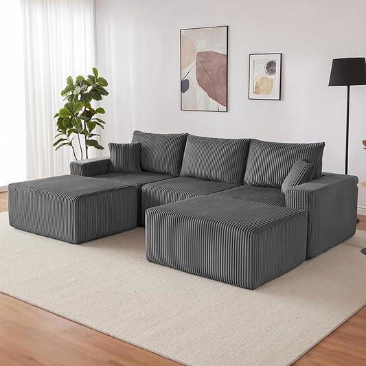 108” Modular Sectional Couches, Cloud Sectional Couch with Deep Seat, Modern Modular L-Shape Sofa with Chaise,Upholstered Boneless Sofa for Living Room (Corduroy, Grey)